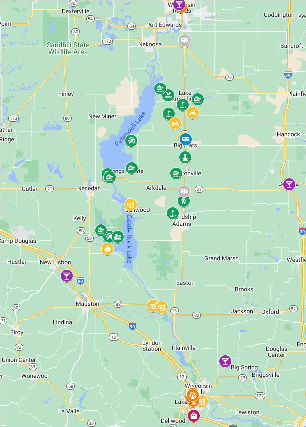 Map of area attractions near Pineland Camping Park in Big Flats WI
