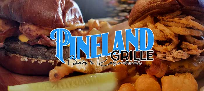 Pineland Grille Restaurant and Bar logo in blue atop burger photo