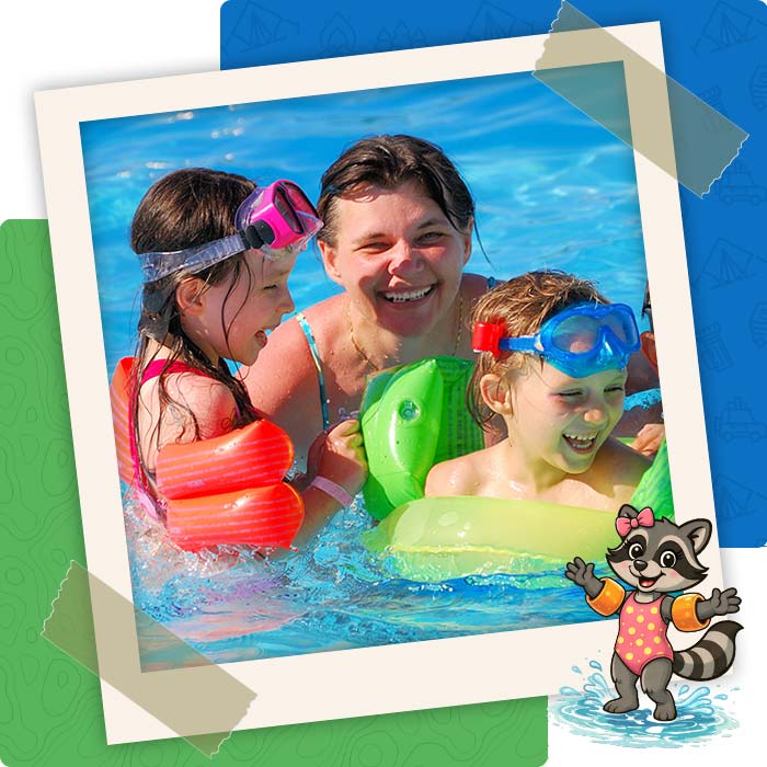 Pineland Camping Park Swimming family with raccoon Pineland mascot.